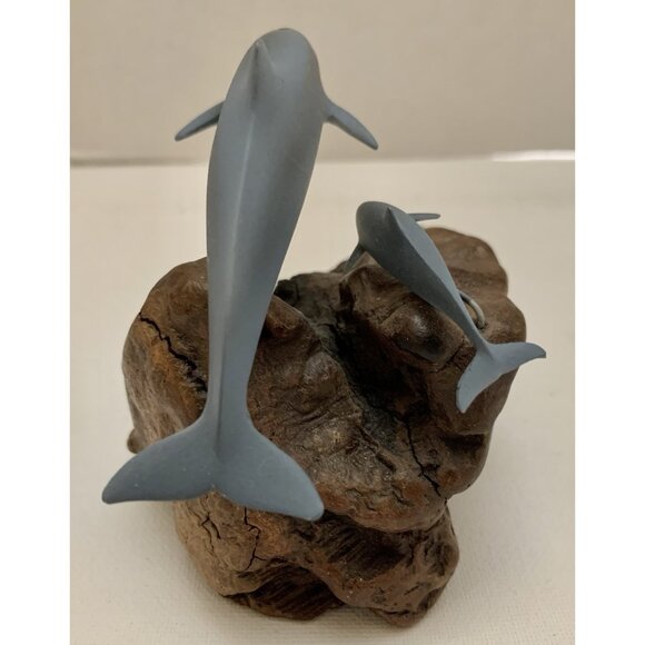 John Perry Dolphin Mother & Baby Blue Sculpture Figure Burl Wood Base 4.5" - Picture 2 of 7